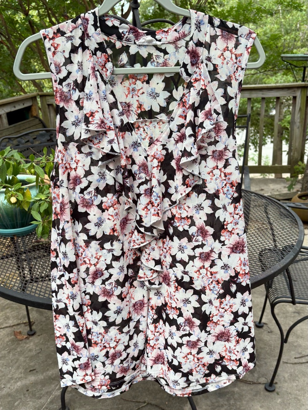 Floral Ruffle V-Neck Sleeveless Blouse- White, Pink & Black Floral